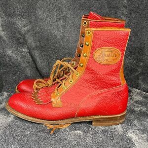 Justin USA Women’s Size 7 Red Pebble Leather Packer Lace-Up Granny Boots Vintage